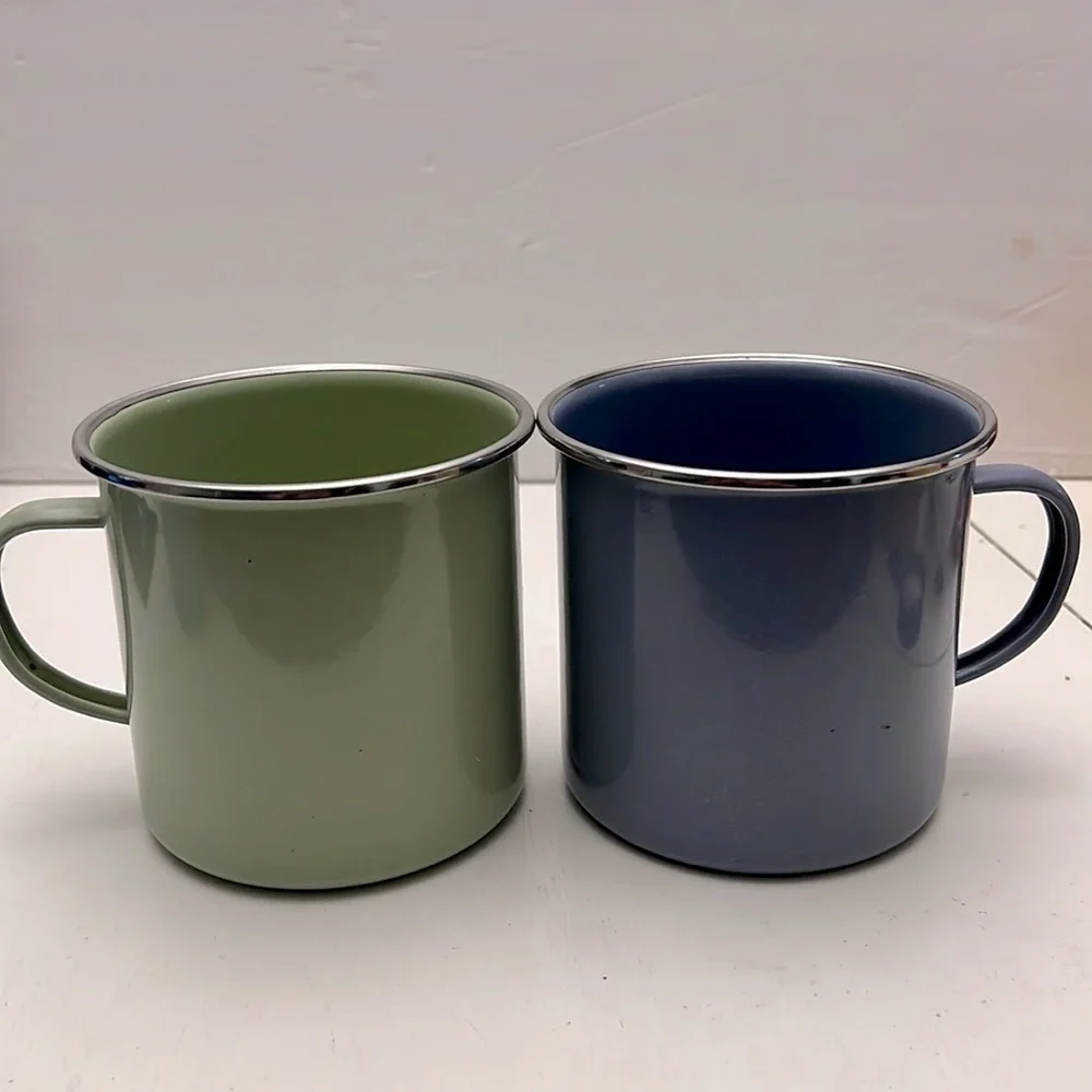 Pair of Pottery Barn Enamel Oversized Camper Mugs